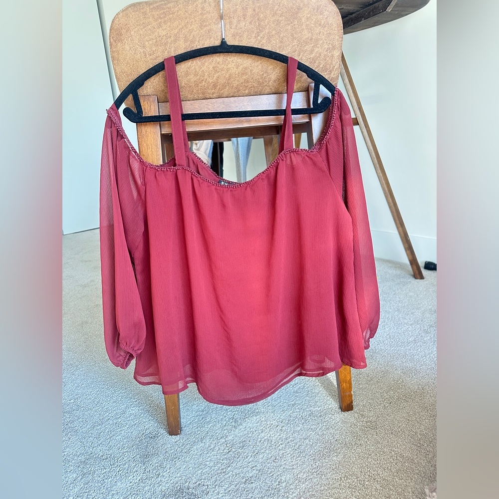 🍷 Express Off-Shoulder Chiffon Blouse – Wine Red (Size L)